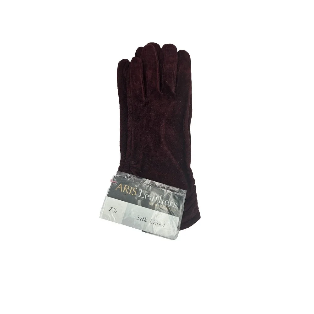 Aris Isotoner Leather Gloves 7.5 Cranberry Silk Lined Ruched Wrist NWT VTG